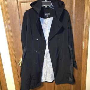 Braetan Hooded Black Pea Coat Button Up Lightweight Raincoat Spring Jacket